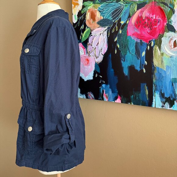 Dress Barn Navy Blue Utility Jacket With Cinched Waist Size Large - Picture 2 of 9